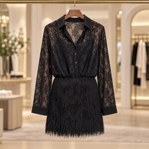 Maeve Anthropologie Black Lace Fringe Mini Dress Twofer NWT M Wednesday Chic fun